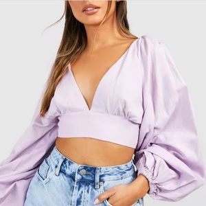 LINEN BALLOON SLEEVE TIE BACK CROP TOP